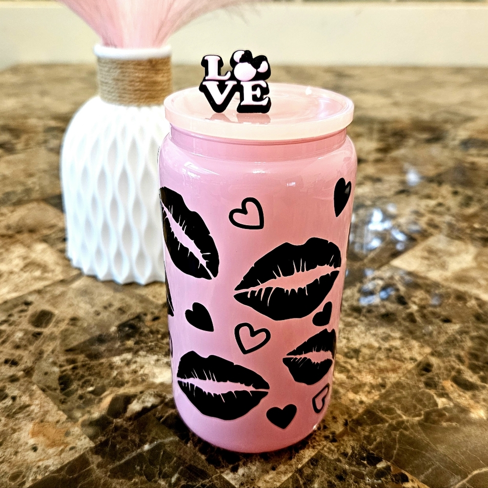 Pink 16oz Glass Cups with Black Lip and Heart Design